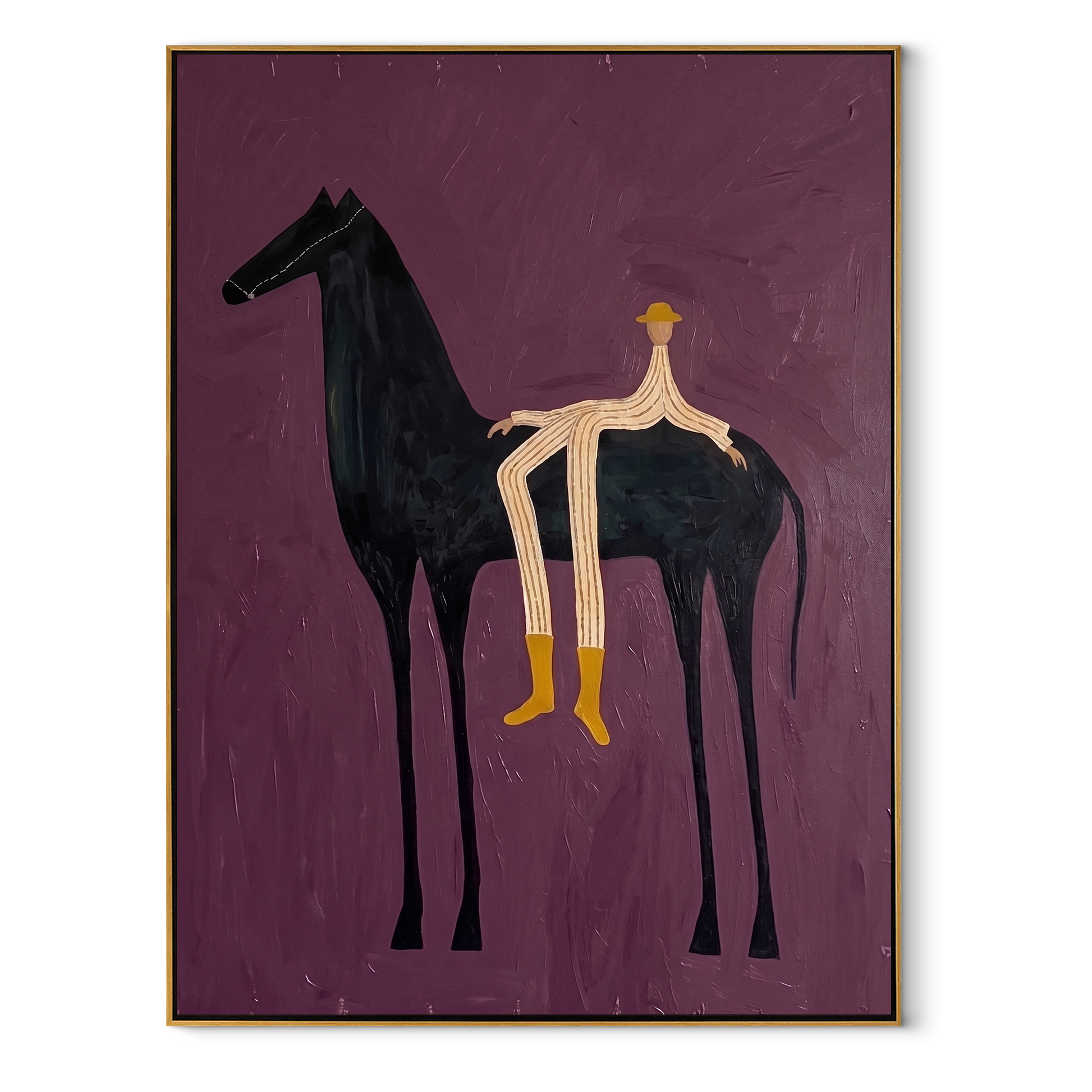 Yellow Boots Cross Violet - reclining rider horse painting by Isabelle Laurent, modern Western vertical wall art – wood frame on white background