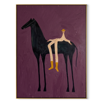 Yellow Boots Cross Violet - reclining rider horse painting by Isabelle Laurent, modern Western vertical wall art – wood frame on white background