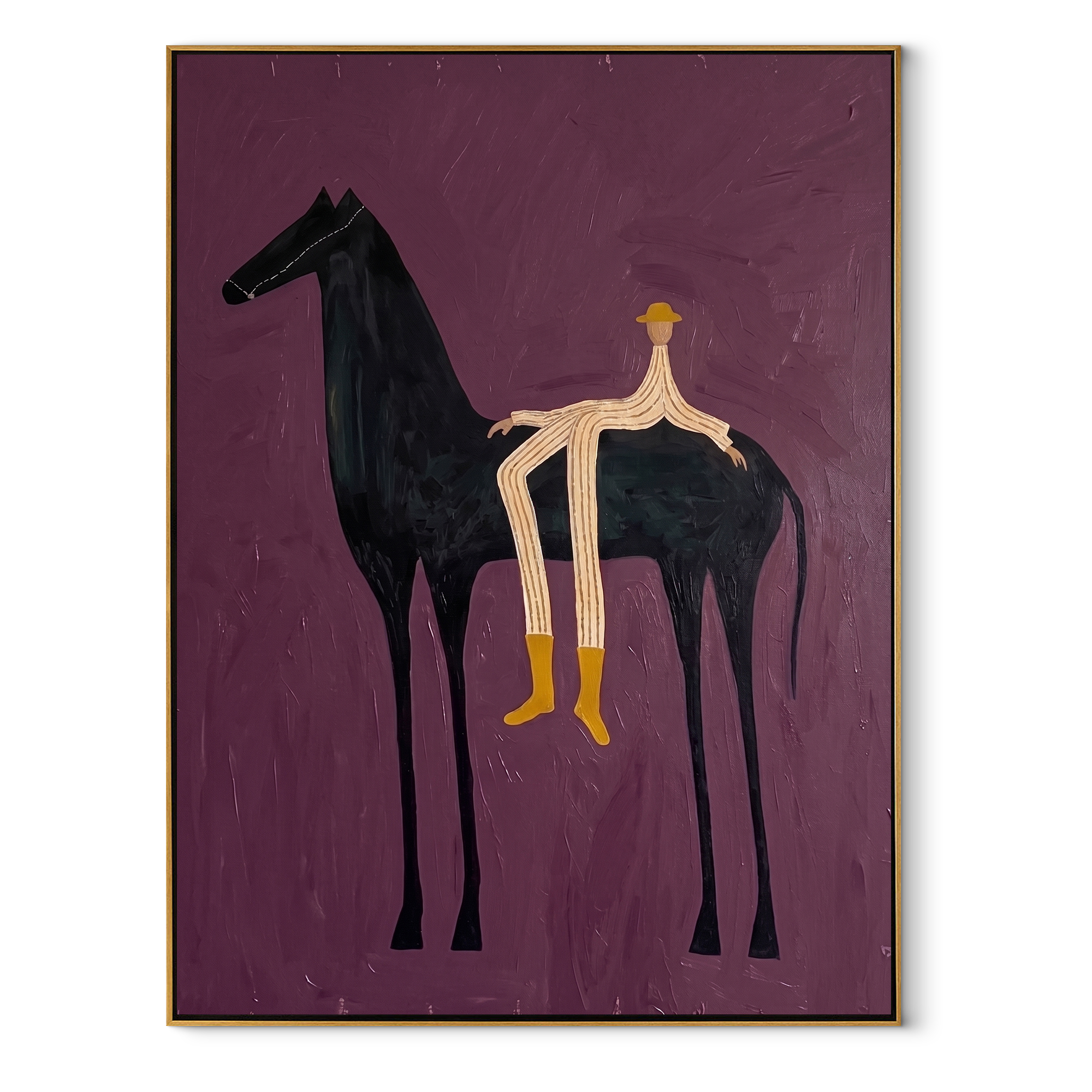 Yellow Boots Cross Violet - reclining rider horse painting by Isabelle Laurent, modern Western vertical wall art – wood frame on white background