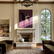 Yellow Boots Cross Violet - reclining rider horse painting by Isabelle Laurent, modern Western vertical wall art – styled room scene view 2