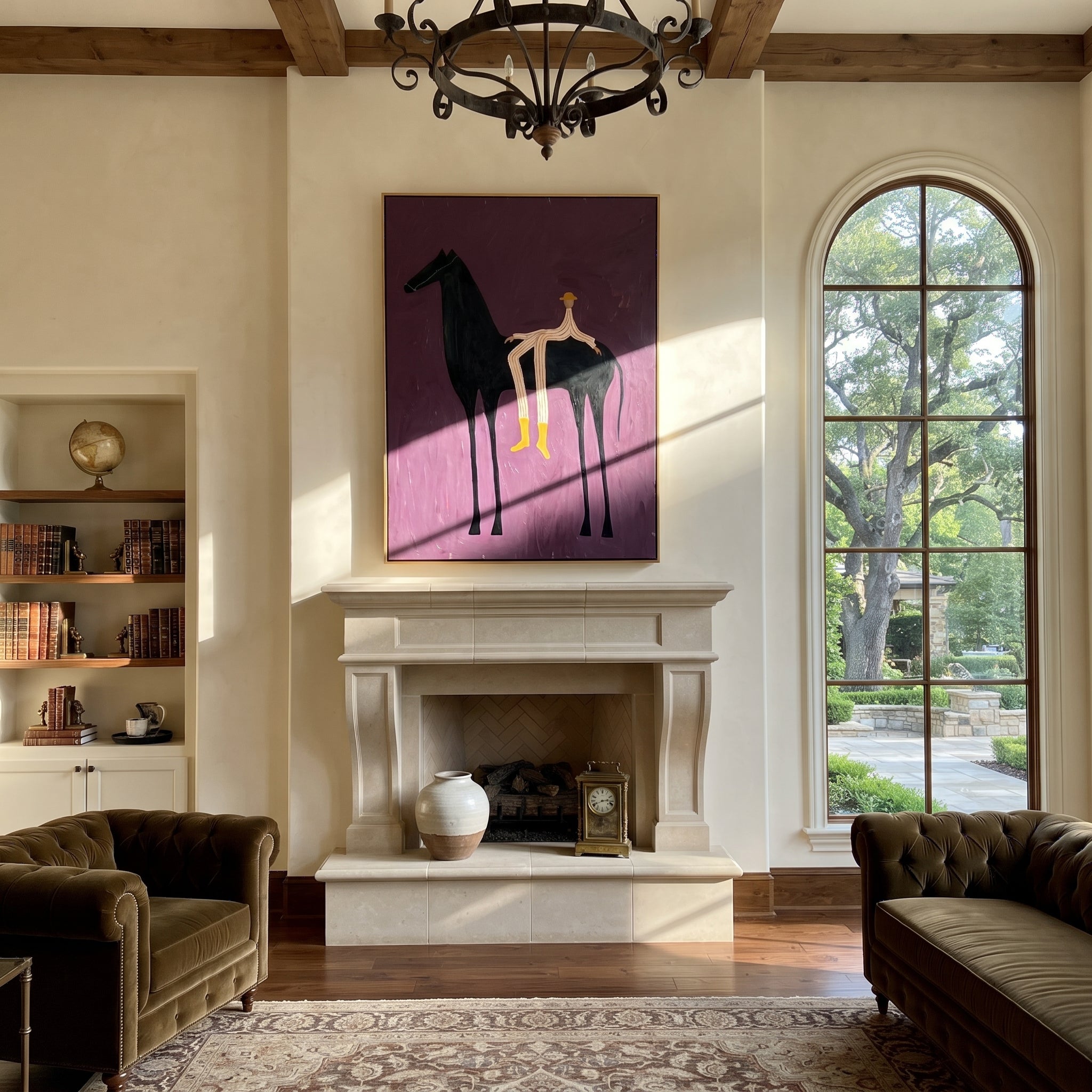 Yellow Boots Cross Violet - reclining rider horse painting by Isabelle Laurent, modern Western vertical wall art – styled room scene view 2