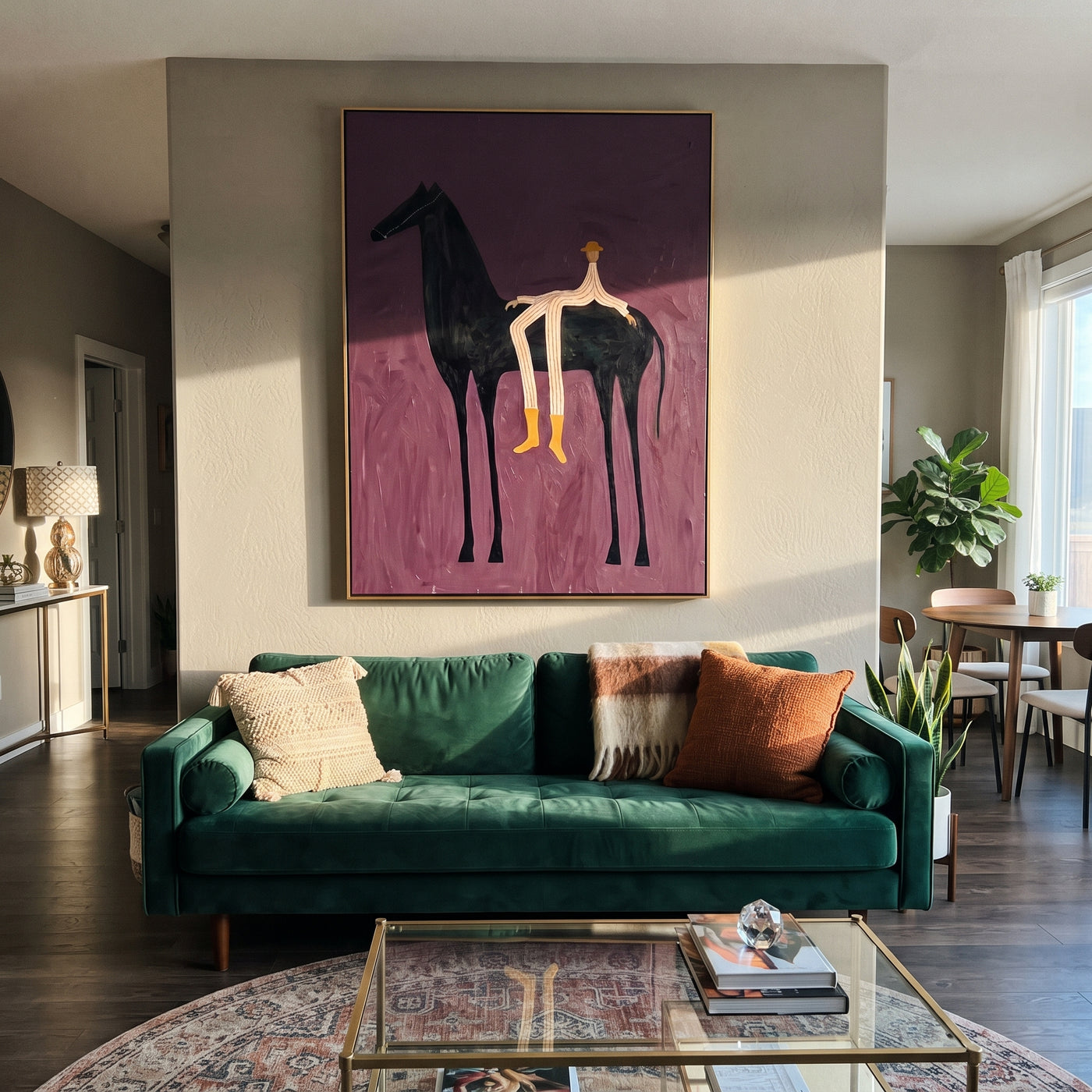 Yellow Boots Cross Violet - reclining rider horse painting by Isabelle Laurent, modern Western vertical wall art – styled room scene view 3