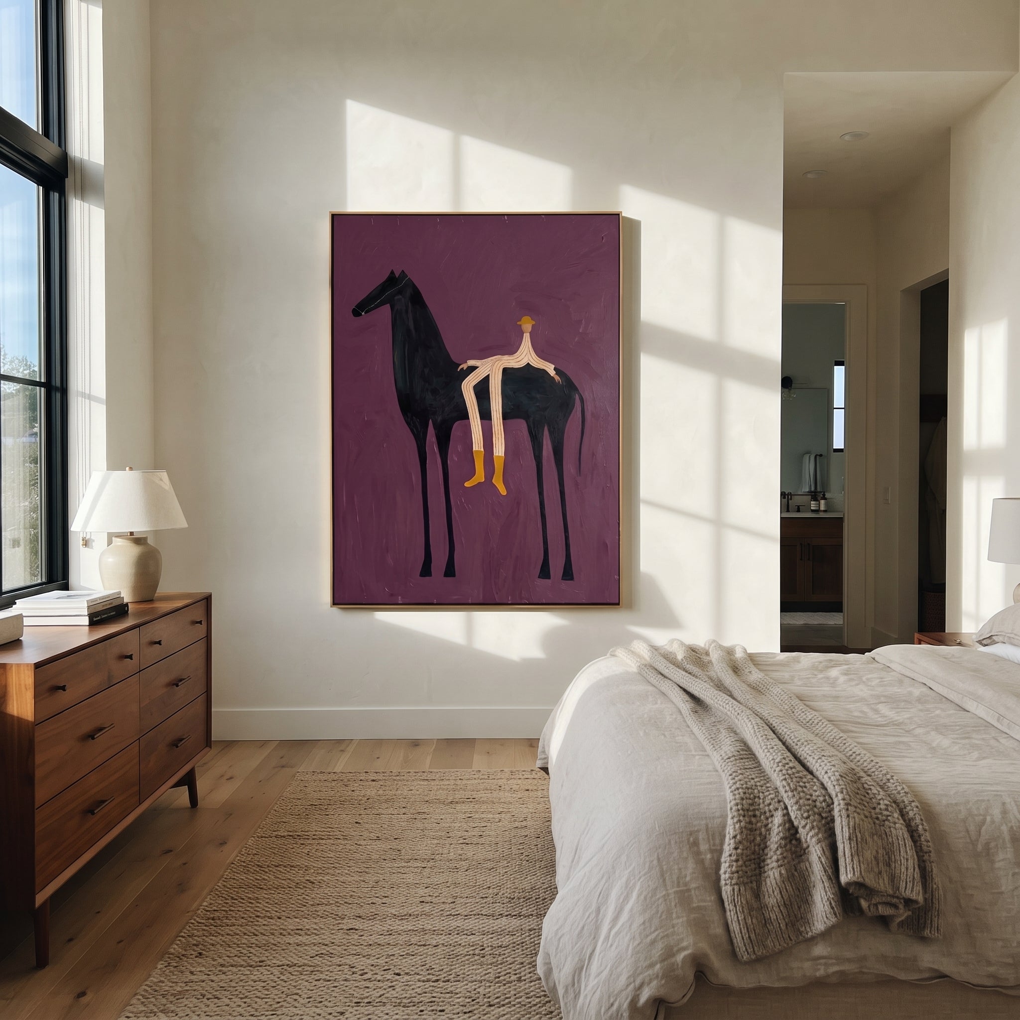 Yellow Boots Cross Violet - reclining rider horse painting by Isabelle Laurent, modern Western vertical wall art – styled room scene view 4