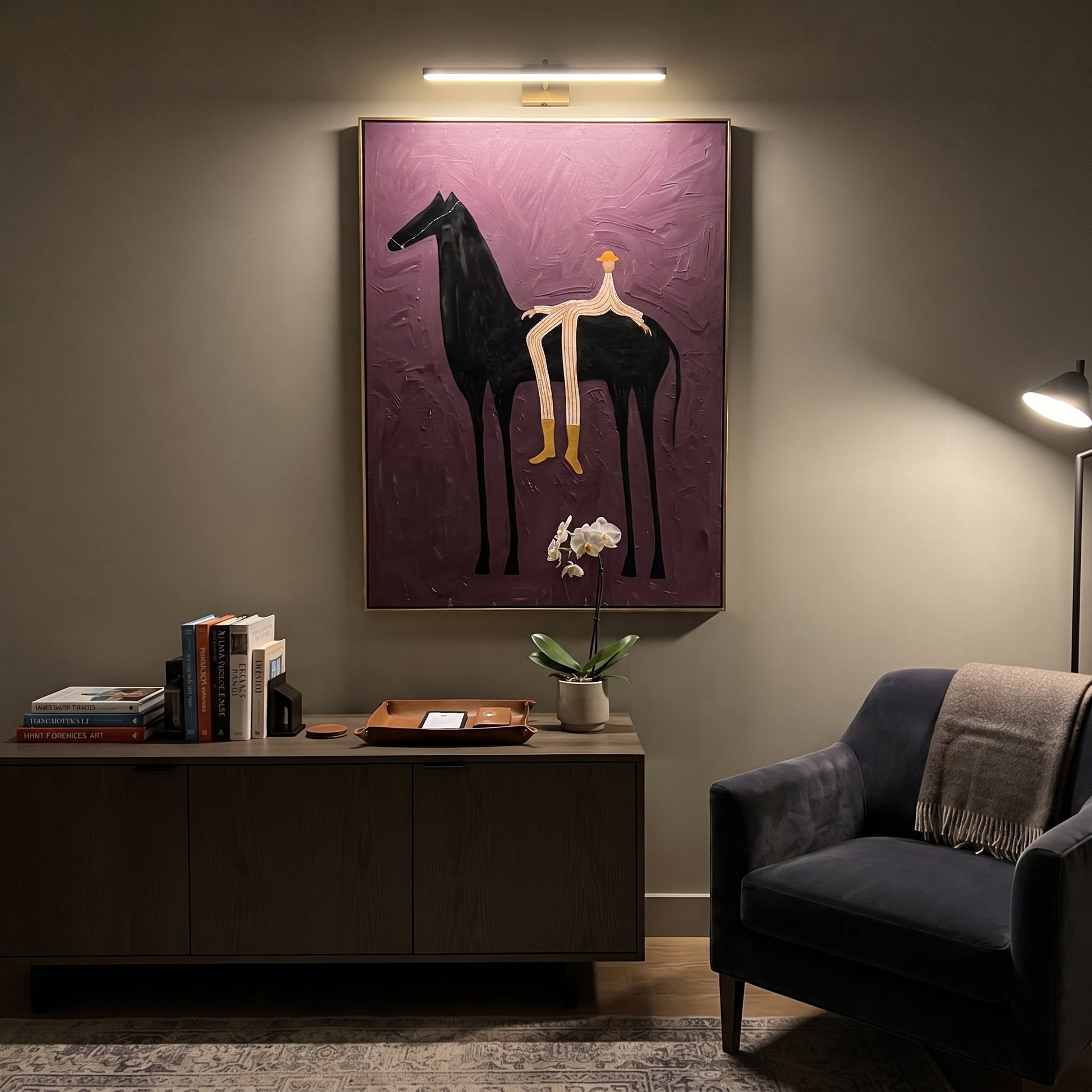 Yellow Boots Cross Violet - reclining rider horse painting by Isabelle Laurent, modern Western vertical wall art – styled room scene view 5