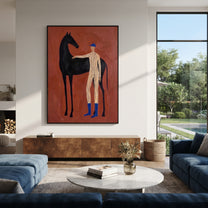 Blue Boots Steady Black - horse handler portrait painting by Isabelle Laurent, modern Western vertical wall art – styled room scene view 1