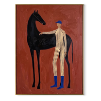 Blue Boots Steady Black - horse handler portrait painting by Isabelle Laurent, modern Western vertical wall art – wood frame on white background