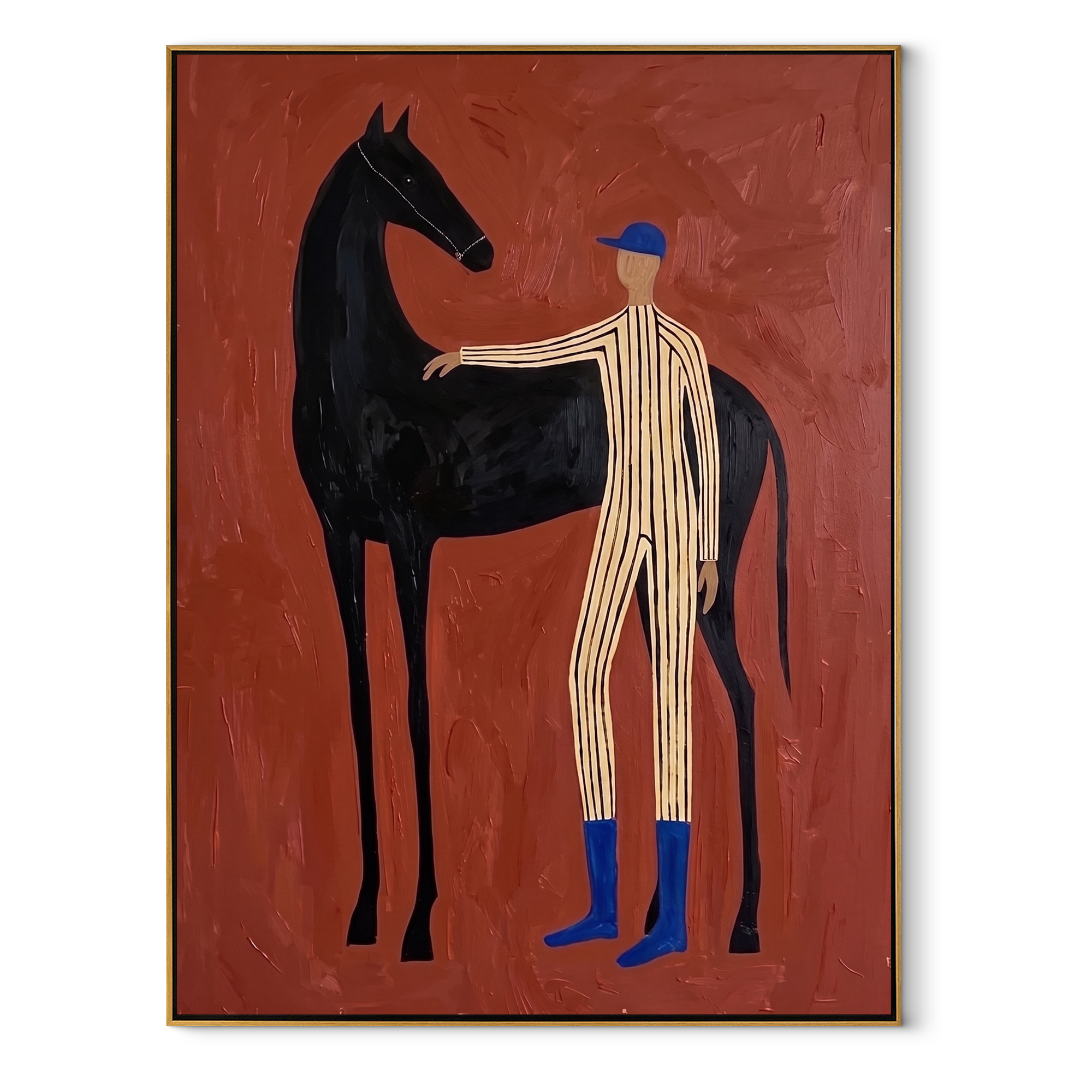 Blue Boots Steady Black - horse handler portrait painting by Isabelle Laurent, modern Western vertical wall art – wood frame on white background
