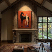 Blue Boots Steady Black - horse handler portrait painting by Isabelle Laurent, modern Western vertical wall art – styled room scene view 2