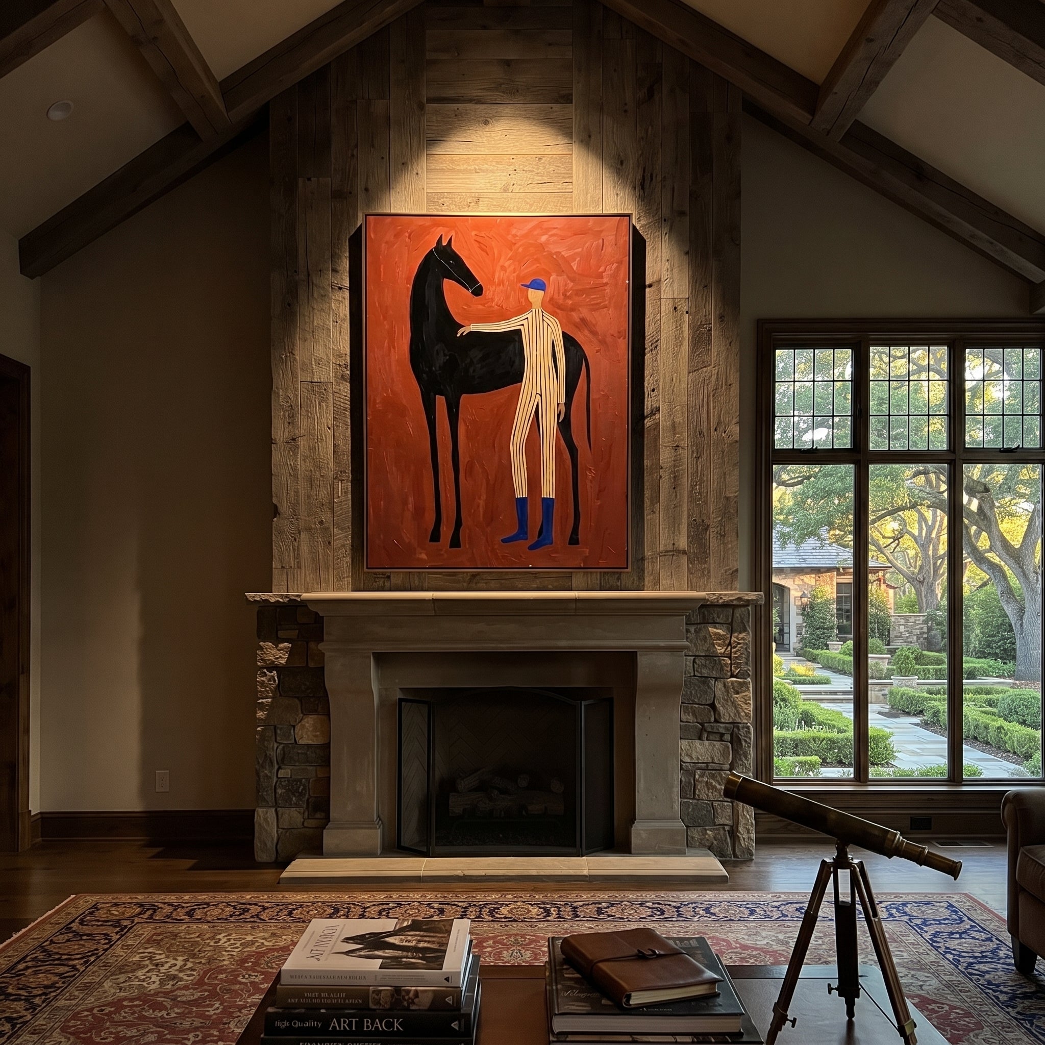 Blue Boots Steady Black - horse handler portrait painting by Isabelle Laurent, modern Western vertical wall art – styled room scene view 2