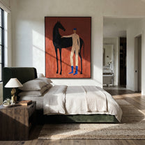 Blue Boots Steady Black - horse handler portrait painting by Isabelle Laurent, modern Western vertical wall art – styled room scene view 4
