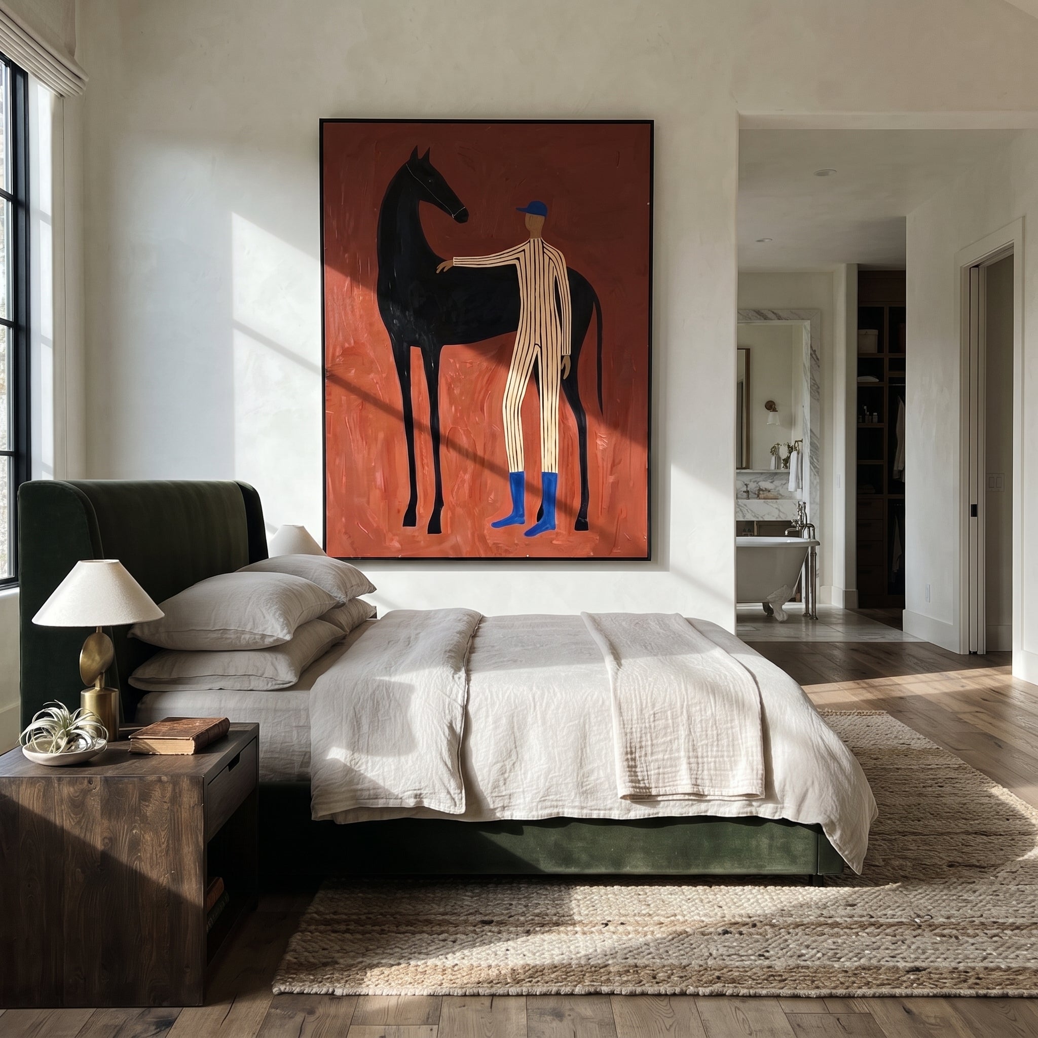 Blue Boots Steady Black - horse handler portrait painting by Isabelle Laurent, modern Western vertical wall art – styled room scene view 4