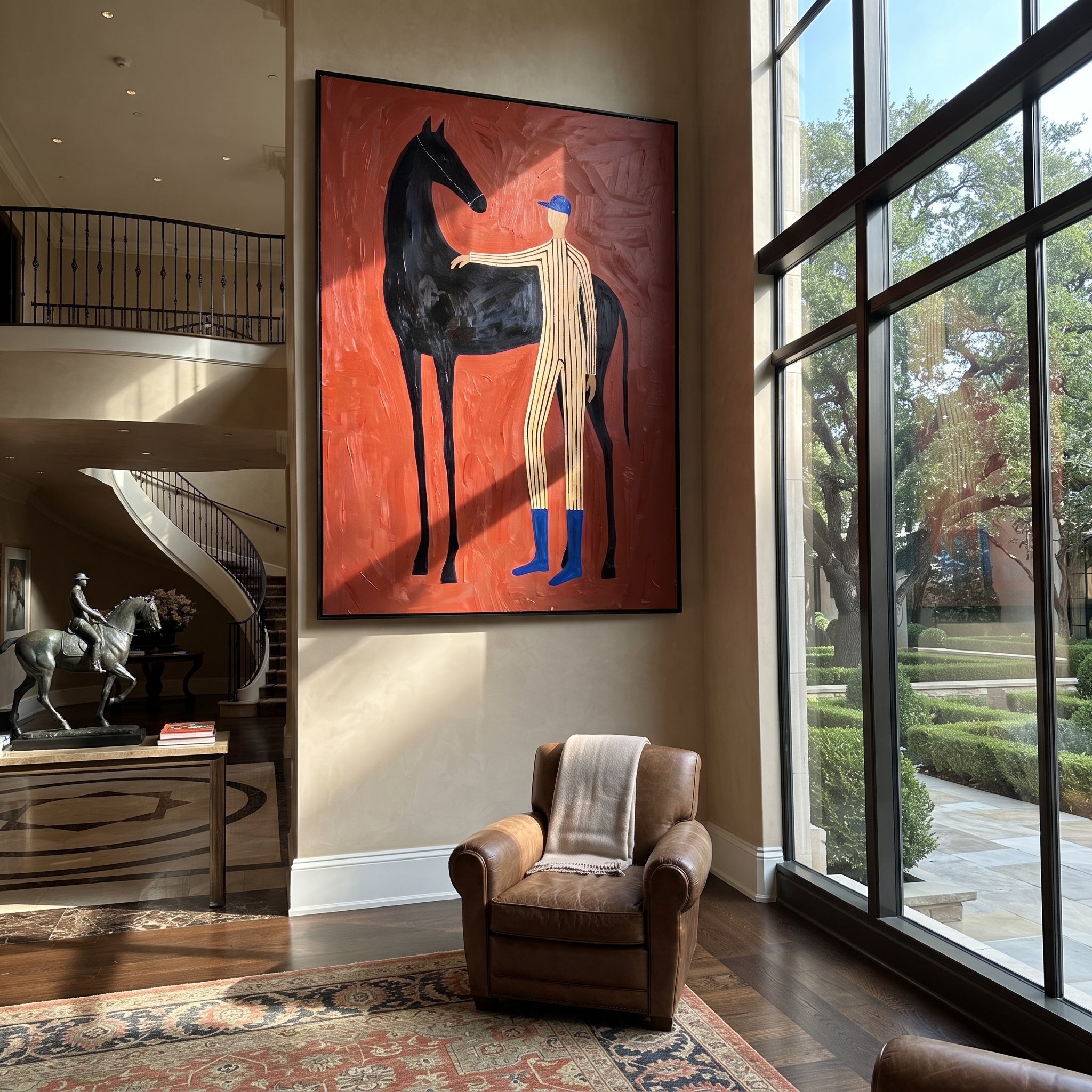 Blue Boots Steady Black - horse handler portrait painting by Isabelle Laurent, modern Western vertical wall art – styled room scene view 5