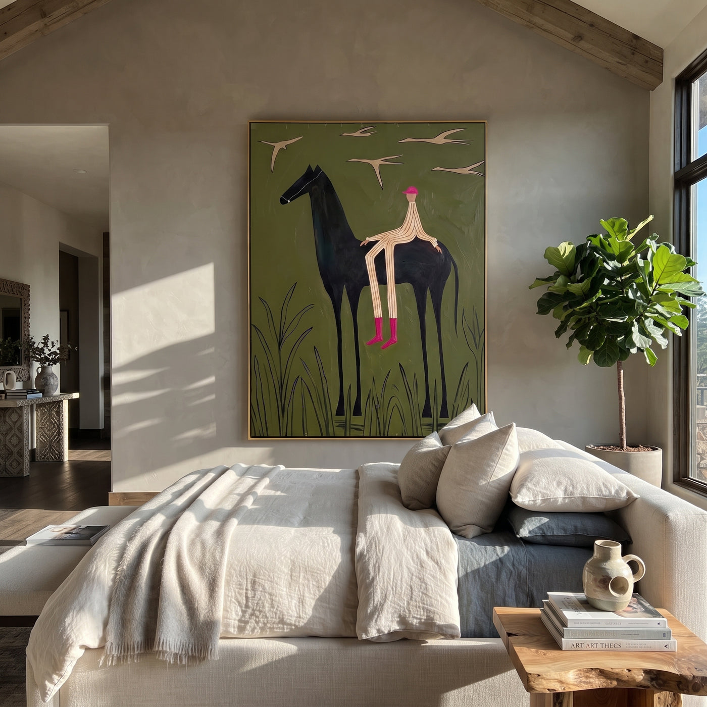 Pink Boots Watch Birds - horse rider birds painting by Isabelle Laurent, modern Western vertical wall art – styled room scene view 1
