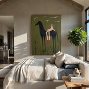 Pink Boots Watch Birds - horse rider birds painting by Isabelle Laurent, modern Western vertical wall art – styled room scene view 1