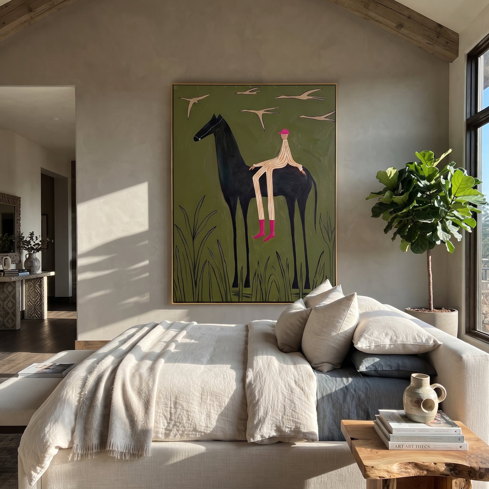 Pink Boots Watch Birds - horse rider birds painting by Isabelle Laurent, modern Western vertical wall art – styled room scene view 1