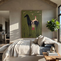 Pink Boots Watch Birds - horse rider birds painting by Isabelle Laurent, modern Western vertical wall art – styled room scene view 1