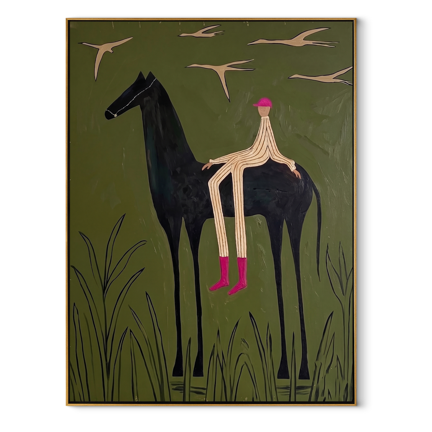 Pink Boots Watch Birds - horse rider birds painting by Isabelle Laurent, modern Western vertical wall art – wood frame on white background