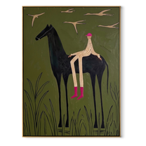 Pink Boots Watch Birds - horse rider birds painting by Isabelle Laurent, modern Western vertical wall art – wood frame on white background