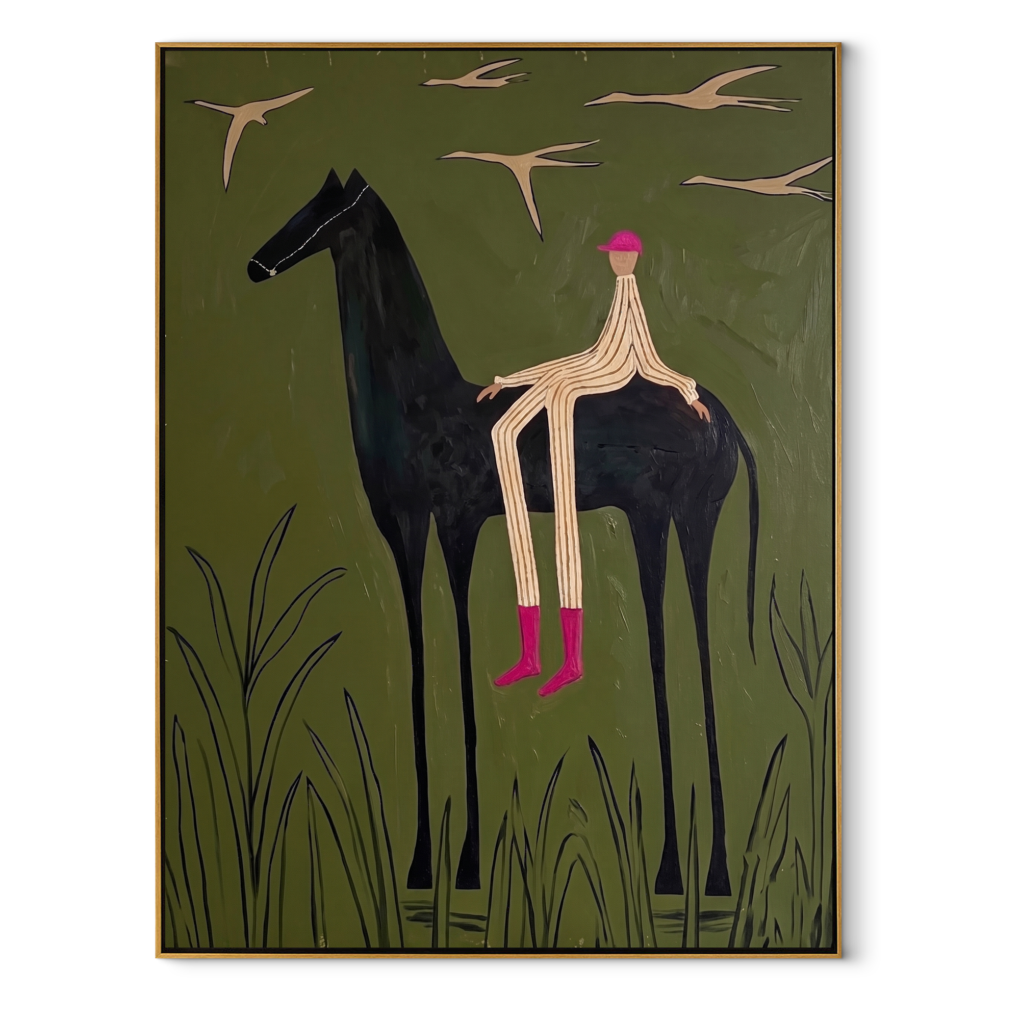 Pink Boots Watch Birds - horse rider birds painting by Isabelle Laurent, modern Western vertical wall art – wood frame on white background