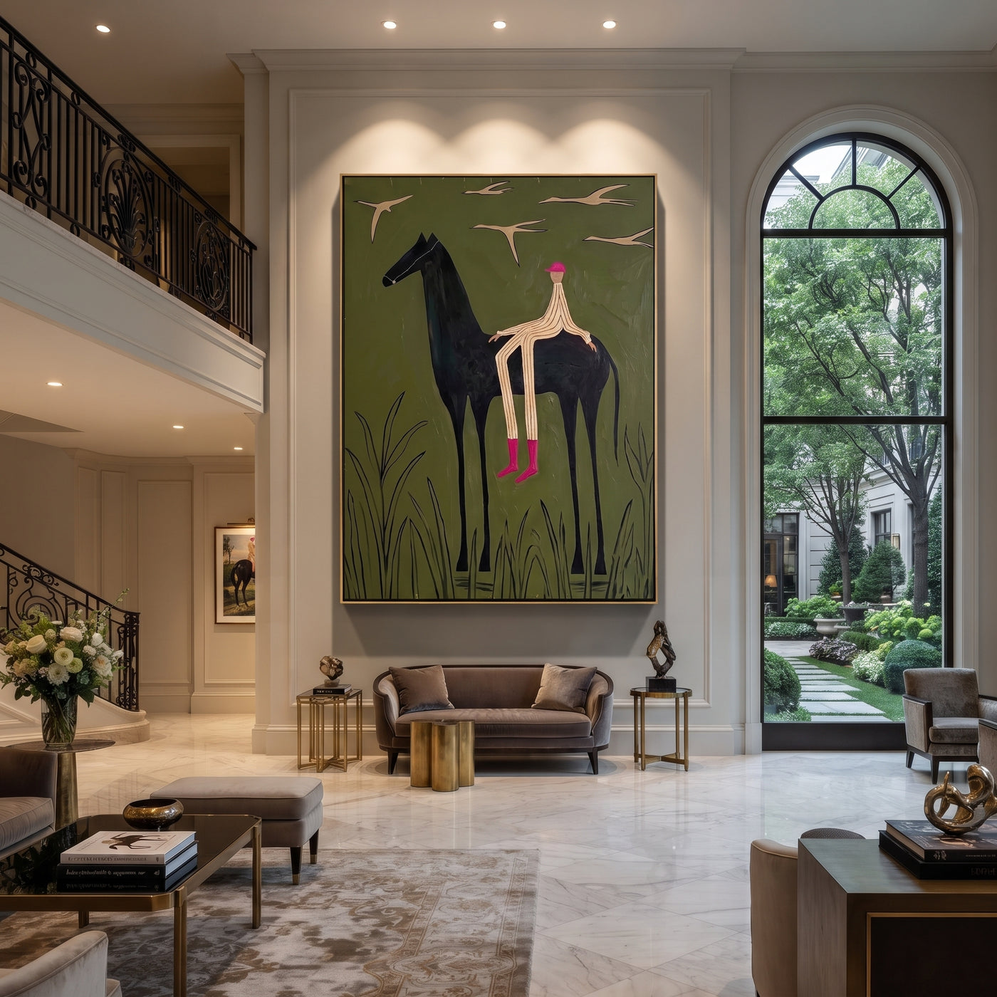 Pink Boots Watch Birds - horse rider birds painting by Isabelle Laurent, modern Western vertical wall art – styled room scene view 2
