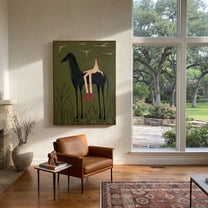 Pink Boots Watch Birds - horse rider birds painting by Isabelle Laurent, modern Western vertical wall art – styled room scene view 3