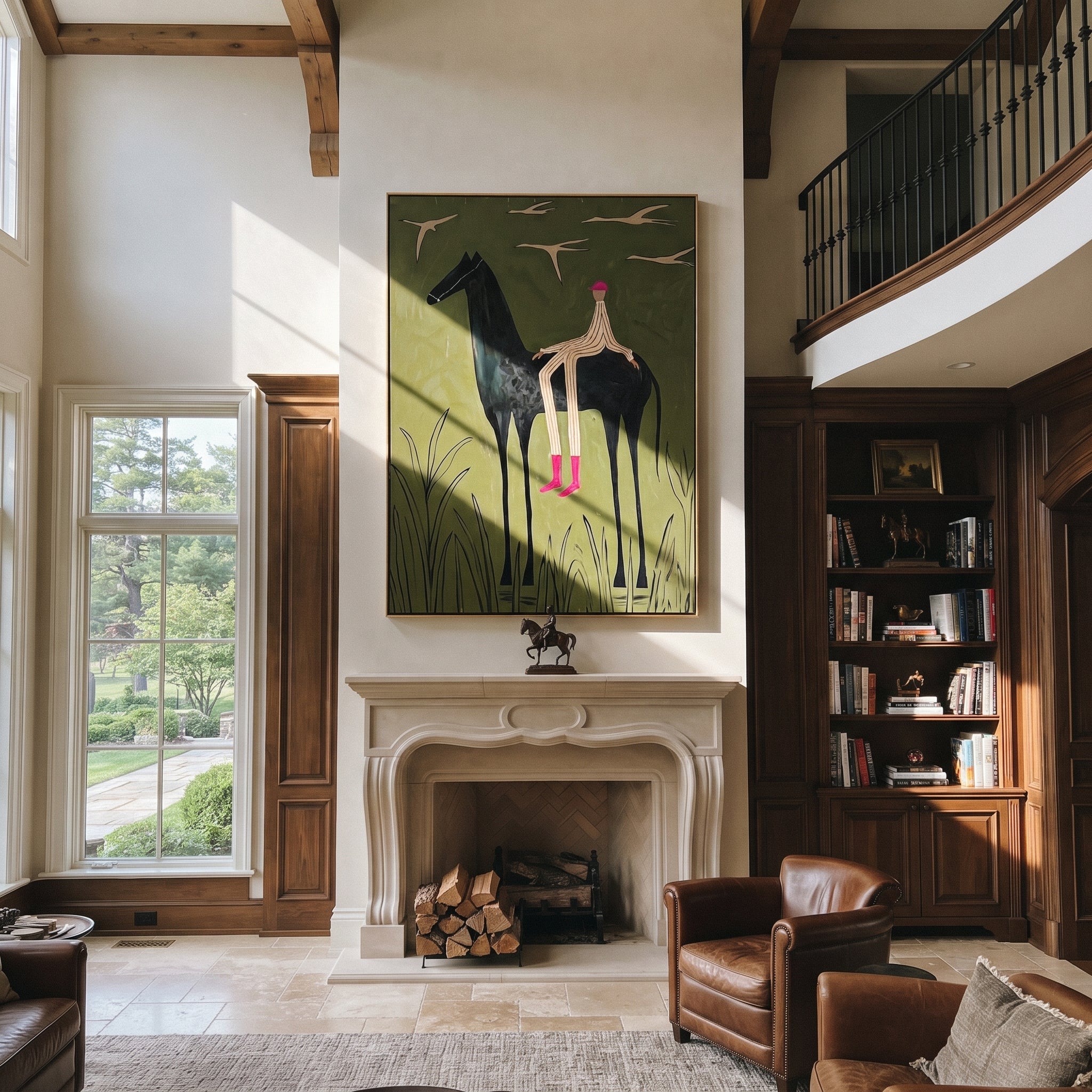 Pink Boots Watch Birds - horse rider birds painting by Isabelle Laurent, modern Western vertical wall art – styled room scene view 4