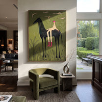 Pink Boots Watch Birds - horse rider birds painting by Isabelle Laurent, modern Western vertical wall art – styled room scene view 5