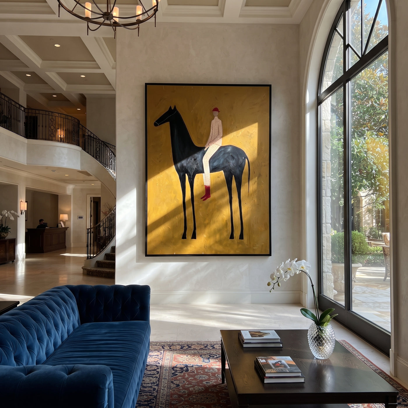 Ochre Field Lifts Rider - black horse rider painting by Isabelle Laurent, modern Western vertical wall art – styled room scene view 1