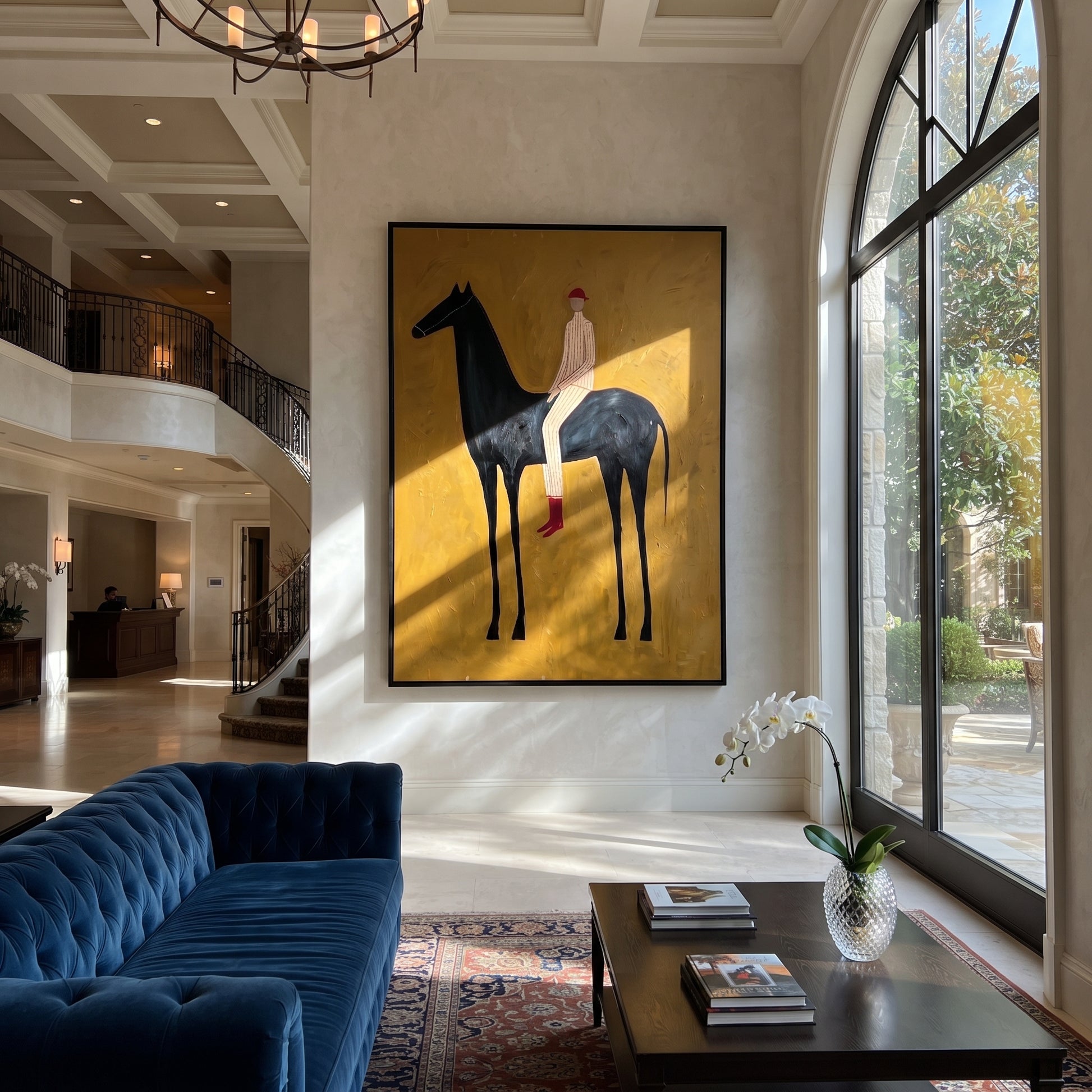 Ochre Field Lifts Rider - black horse rider painting by Isabelle Laurent, modern Western vertical wall art – styled room scene view 1