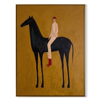Ochre Field Lifts Rider - black horse rider painting by Isabelle Laurent, modern Western vertical wall art – wood frame on white background