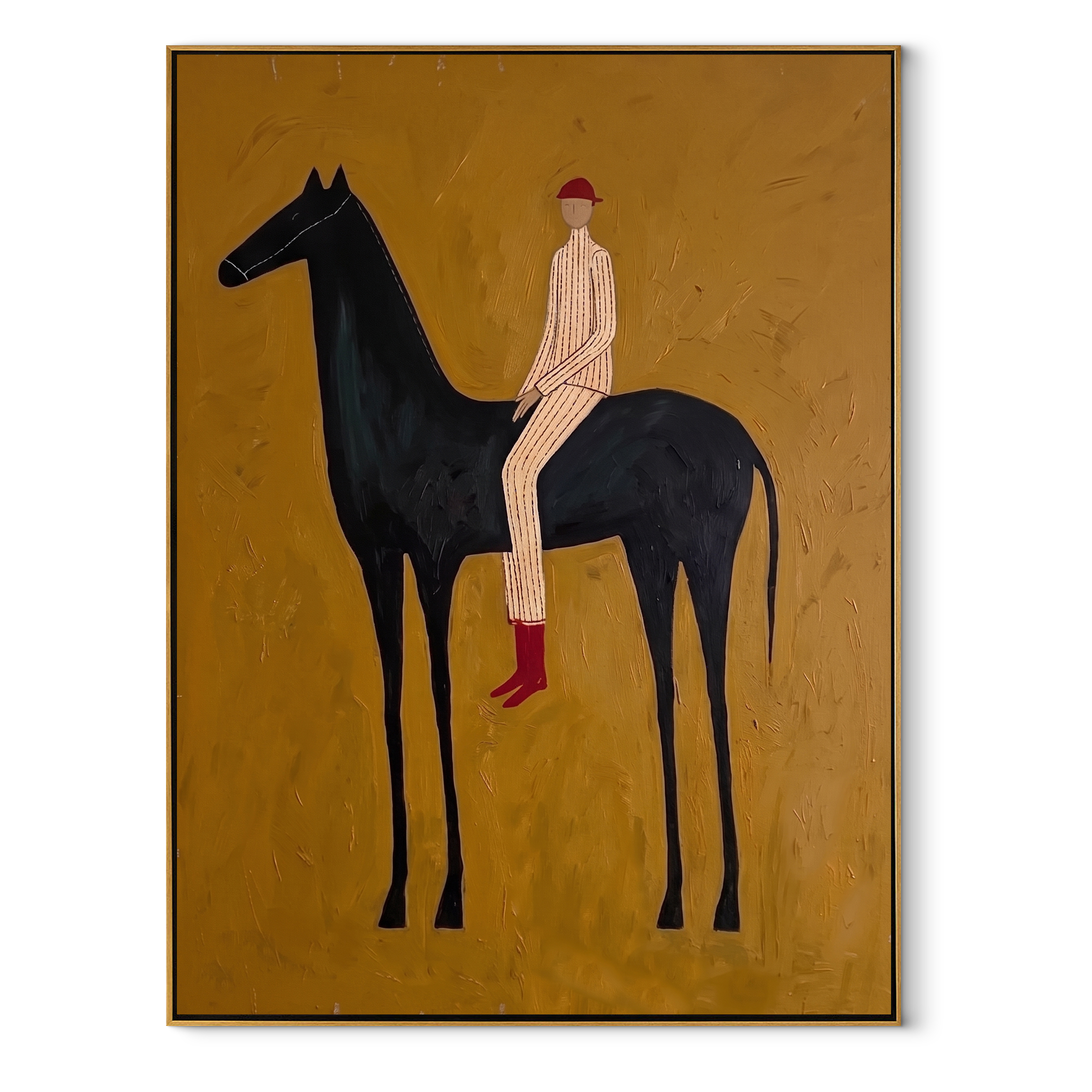 Ochre Field Lifts Rider - black horse rider painting by Isabelle Laurent, modern Western vertical wall art – wood frame on white background