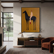 Ochre Field Lifts Rider - black horse rider painting by Isabelle Laurent, modern Western vertical wall art – styled room scene view 2