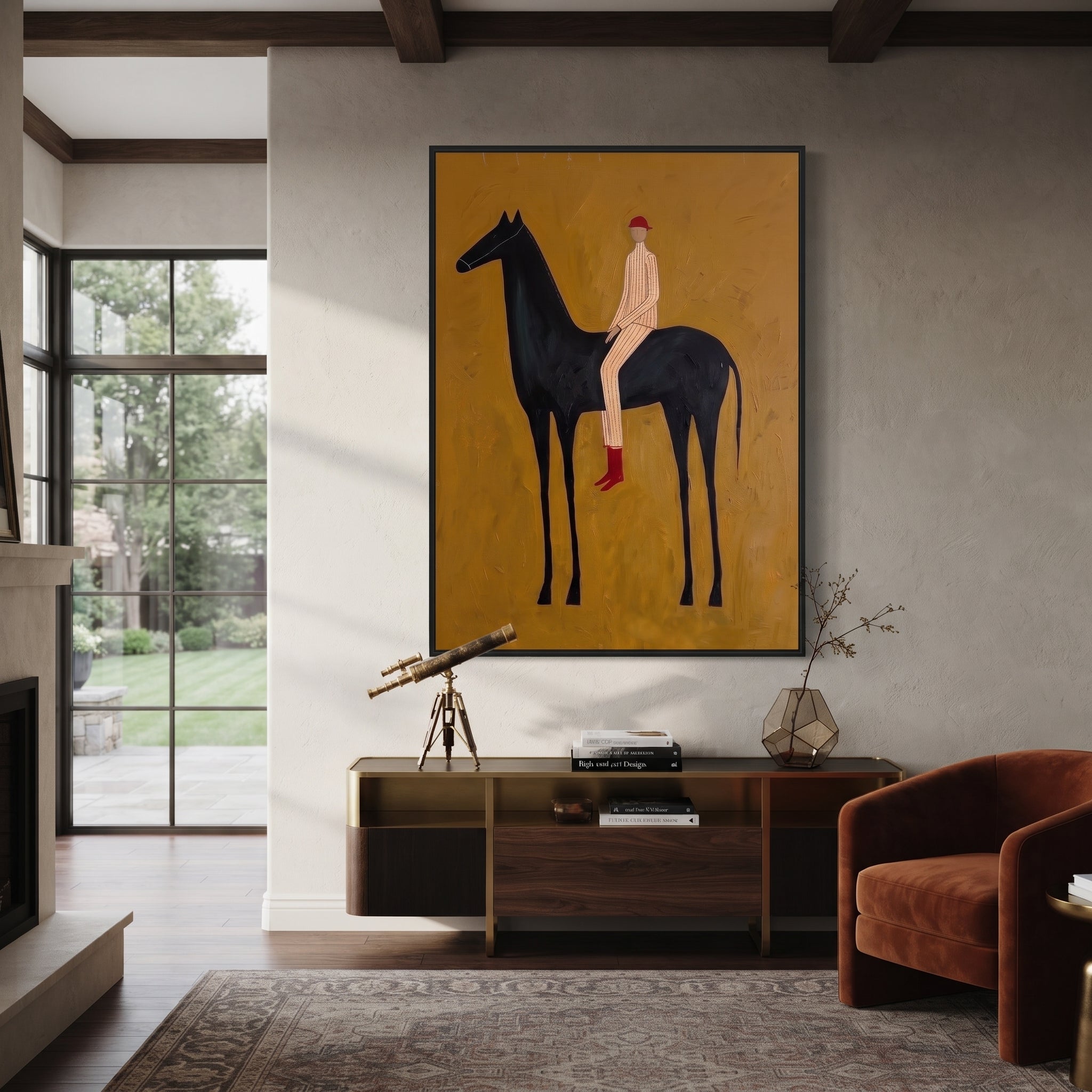Ochre Field Lifts Rider - black horse rider painting by Isabelle Laurent, modern Western vertical wall art – styled room scene view 2