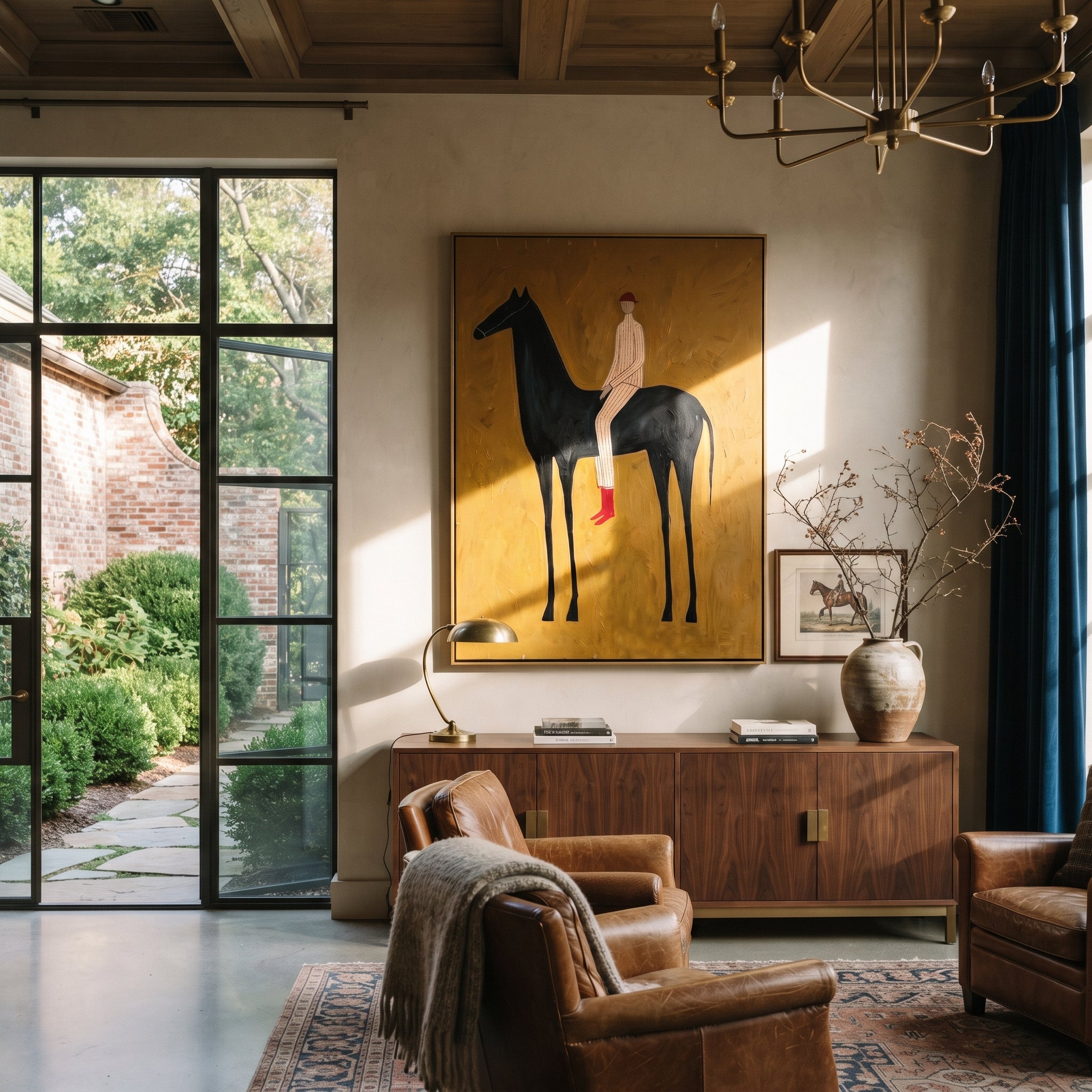 Ochre Field Lifts Rider - black horse rider painting by Isabelle Laurent, modern Western vertical wall art – styled room scene view 3