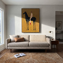 Ochre Field Lifts Rider - black horse rider painting by Isabelle Laurent, modern Western vertical wall art – styled room scene view 4
