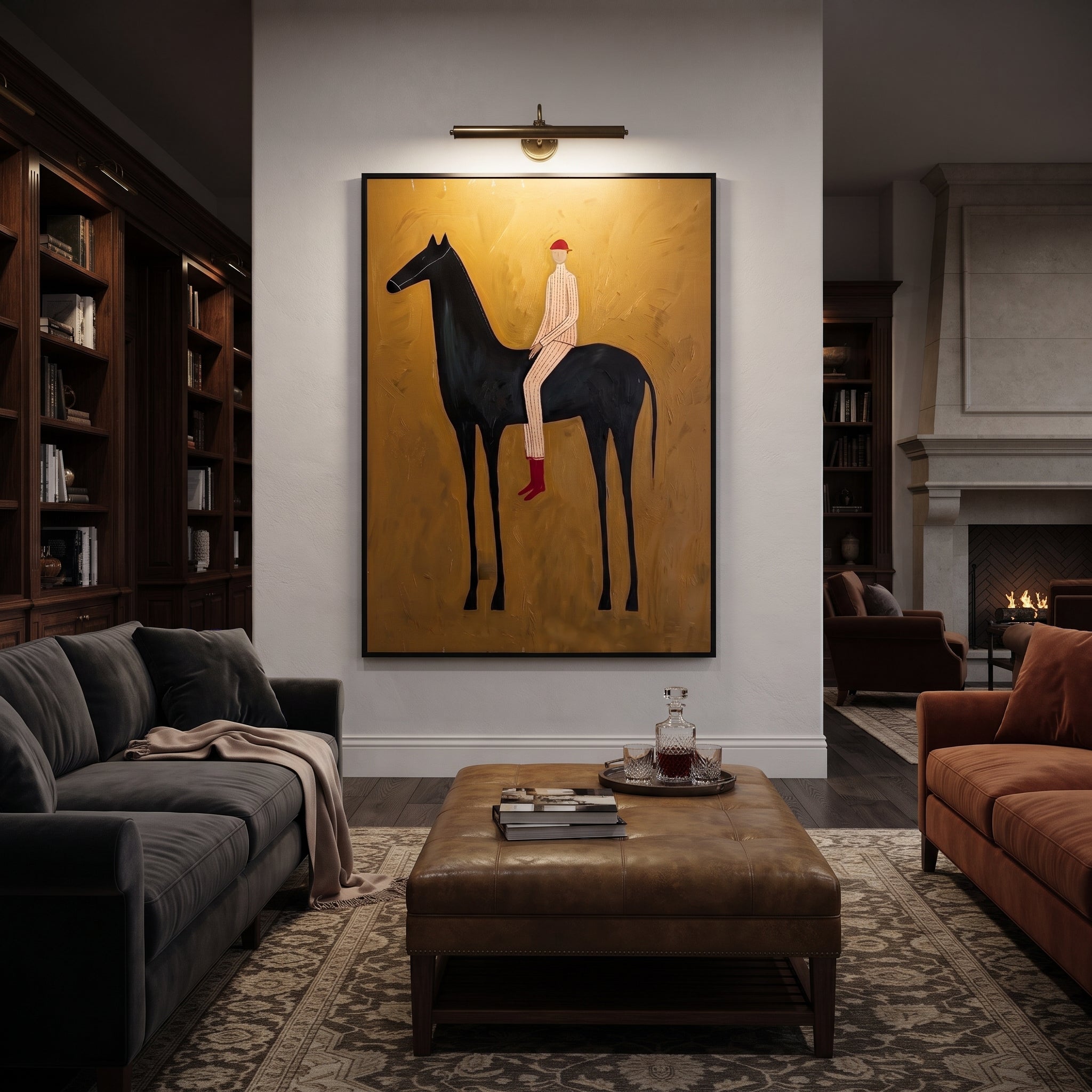 Ochre Field Lifts Rider - black horse rider painting by Isabelle Laurent, modern Western vertical wall art – styled room scene view 5