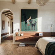 Young Horse Follows Quiet - mare foal rider painting by Isabelle Laurent, modern Western vertical wall art – styled room scene view 1
