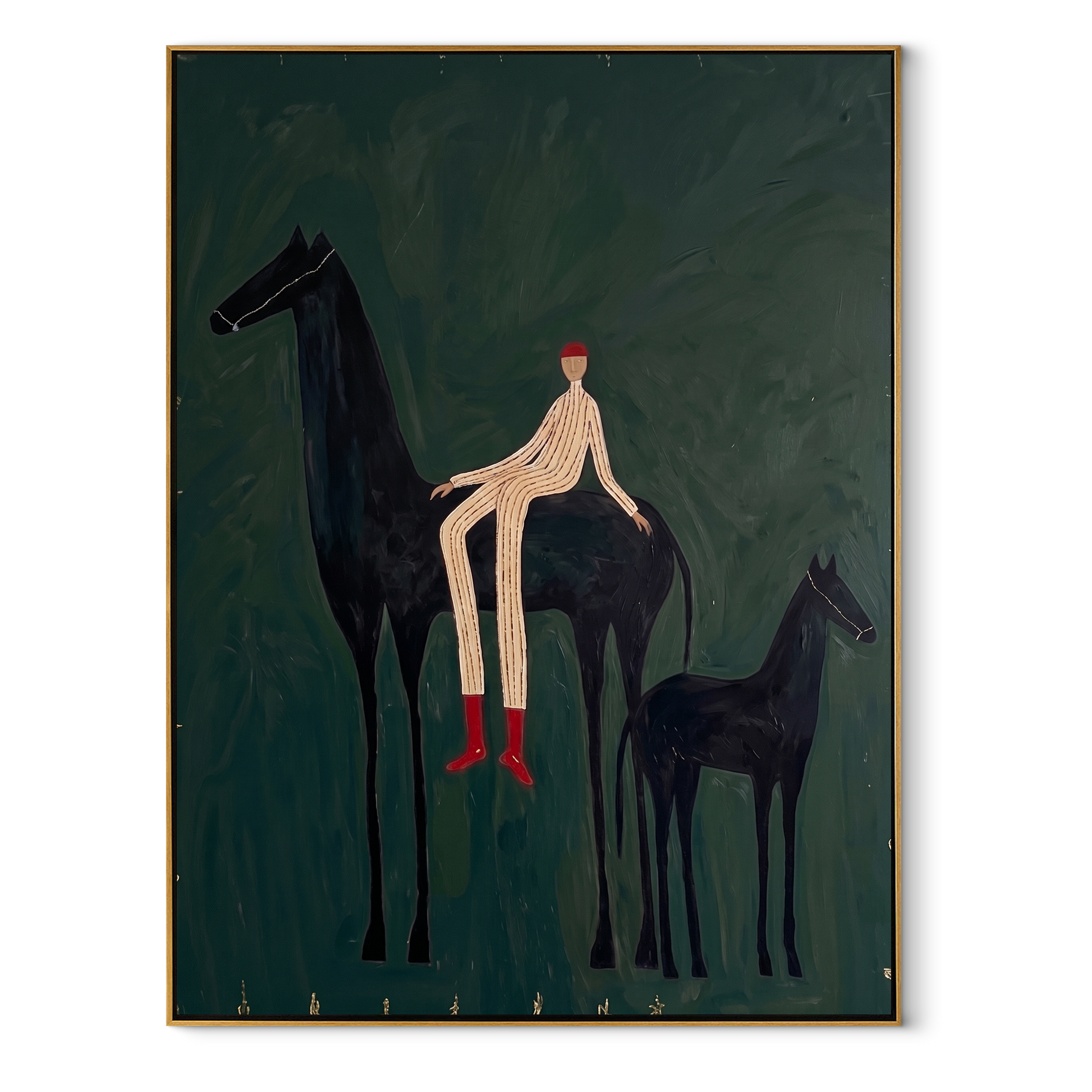 Young Horse Follows Quiet - mare foal rider painting by Isabelle Laurent, modern Western vertical wall art – wood frame on white background