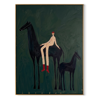 Young Horse Follows Quiet - mare foal rider painting by Isabelle Laurent, modern Western vertical wall art – wood frame on white background