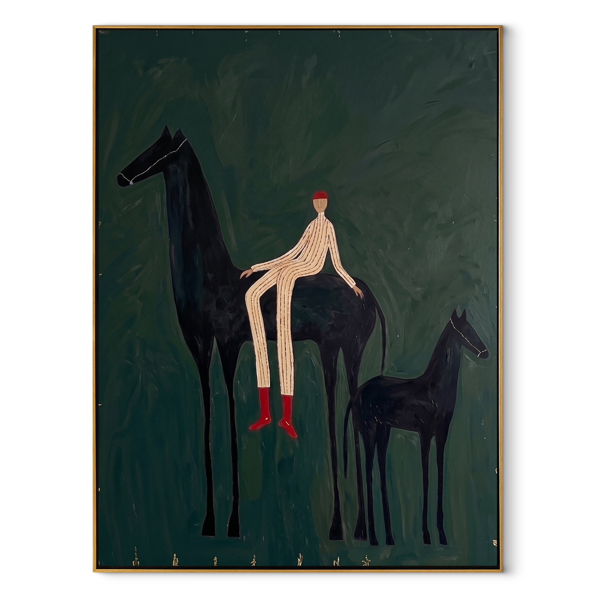 Young Horse Follows Quiet - mare foal rider painting by Isabelle Laurent, modern Western vertical wall art – wood frame on white background