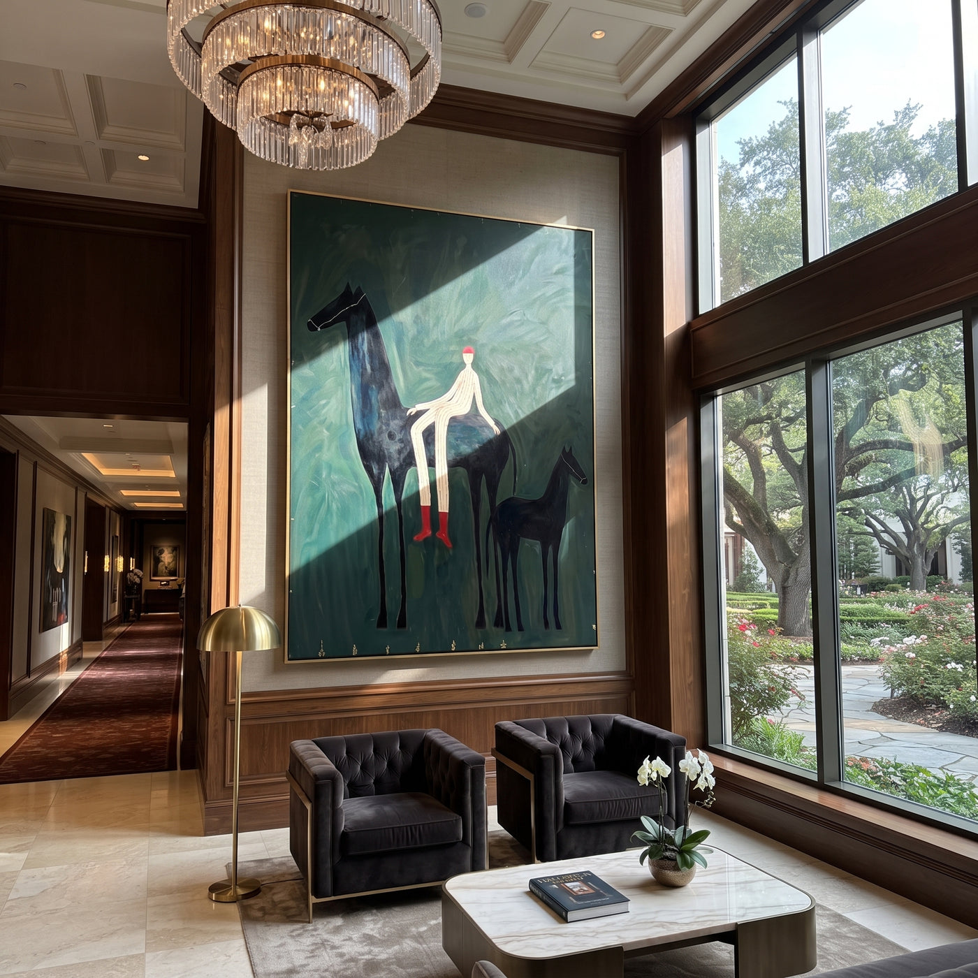 Young Horse Follows Quiet - mare foal rider painting by Isabelle Laurent, modern Western vertical wall art – styled room scene view 2