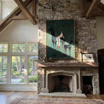 Young Horse Follows Quiet - mare foal rider painting by Isabelle Laurent, modern Western vertical wall art – styled room scene view 3