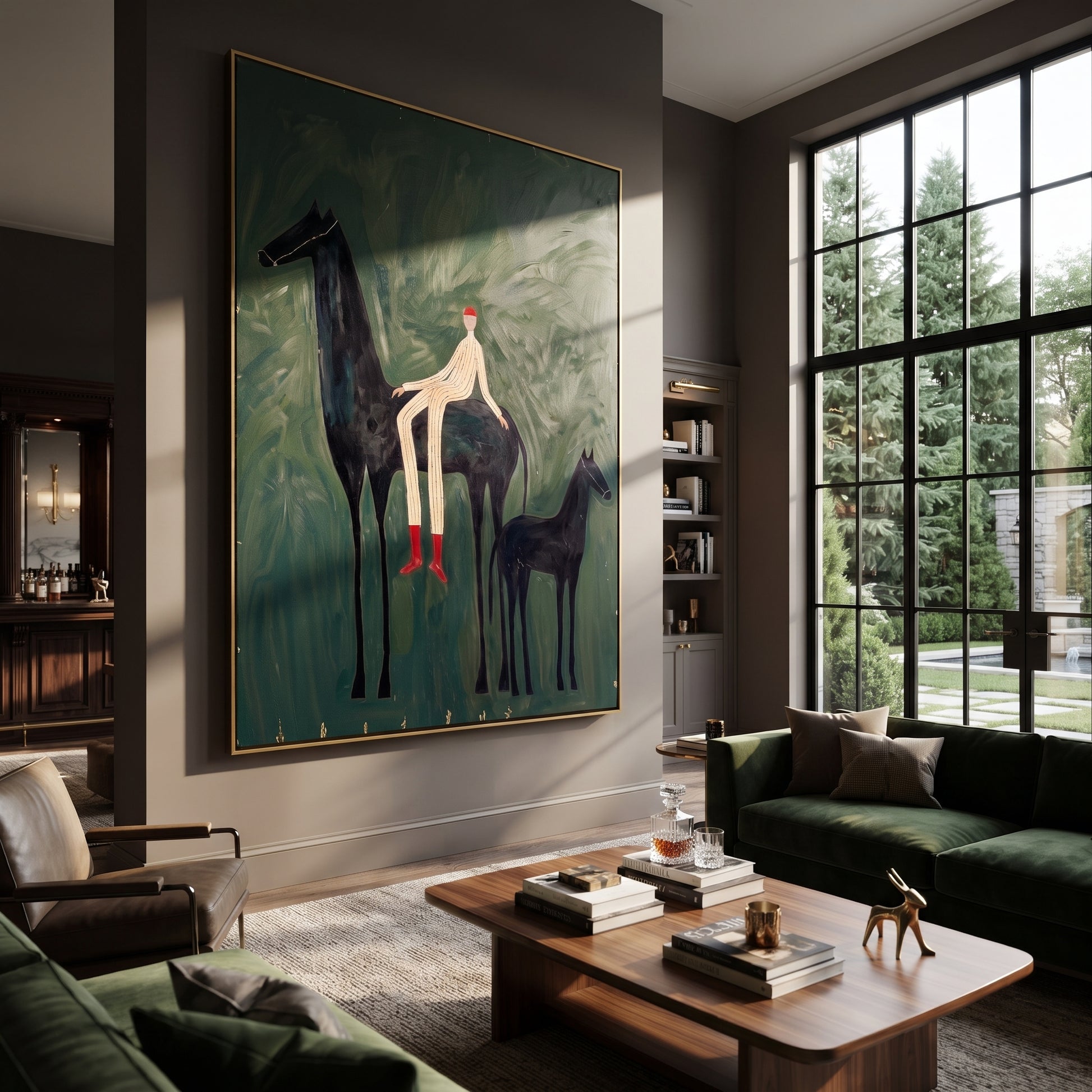Young Horse Follows Quiet - mare foal rider painting by Isabelle Laurent, modern Western vertical wall art – styled room scene view 4