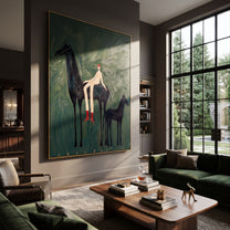 Young Horse Follows Quiet - mare foal rider painting by Isabelle Laurent, modern Western vertical wall art – styled room scene view 4