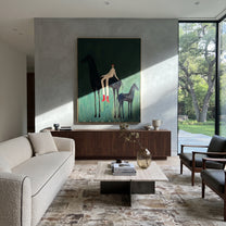 Young Horse Follows Quiet - mare foal rider painting by Isabelle Laurent, modern Western vertical wall art – styled room scene view 5