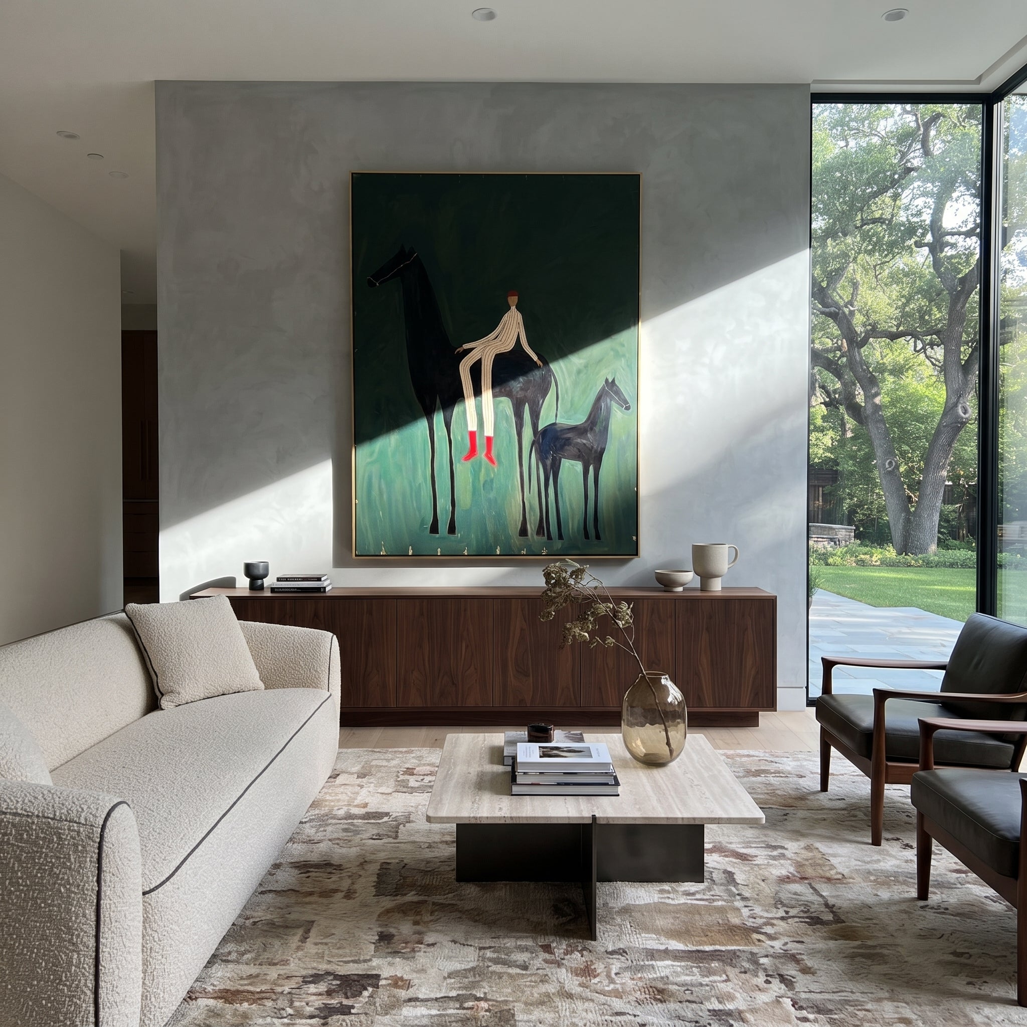 Young Horse Follows Quiet - mare foal rider painting by Isabelle Laurent, modern Western vertical wall art – styled room scene view 5