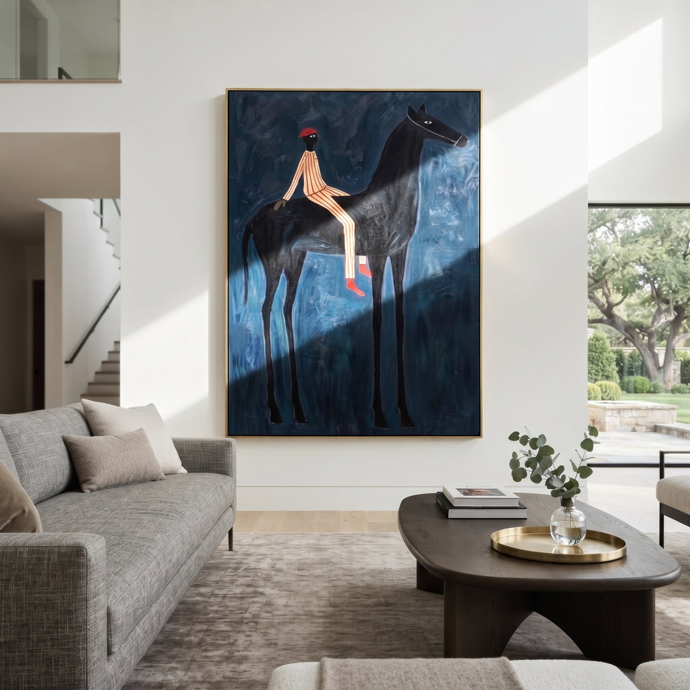 Red Hat Crosses Cobalt - black horse rider painting by Isabelle Laurent, modern Western vertical wall art – styled room scene view 1