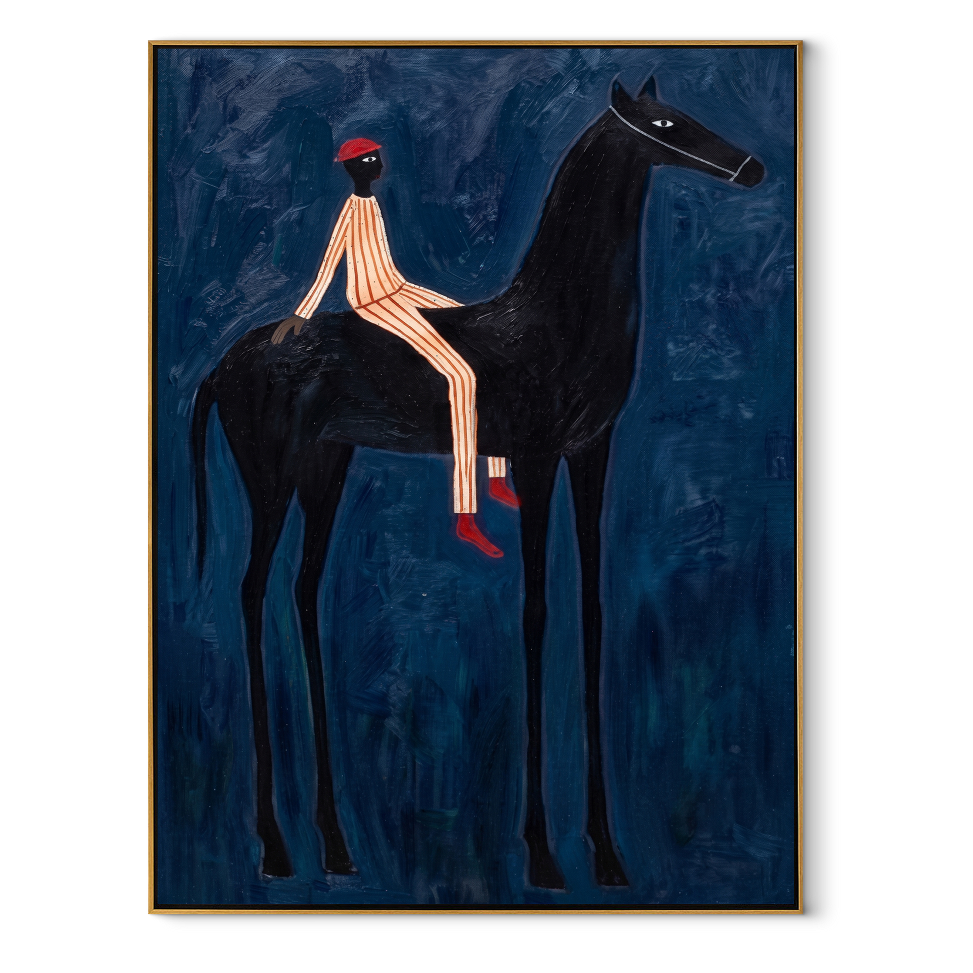 Red Hat Crosses Cobalt - black horse rider painting by Isabelle Laurent, modern Western vertical wall art – wood frame on white background
