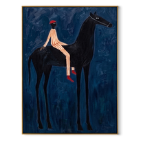 Red Hat Crosses Cobalt - black horse rider painting by Isabelle Laurent, modern Western vertical wall art – wood frame on white background