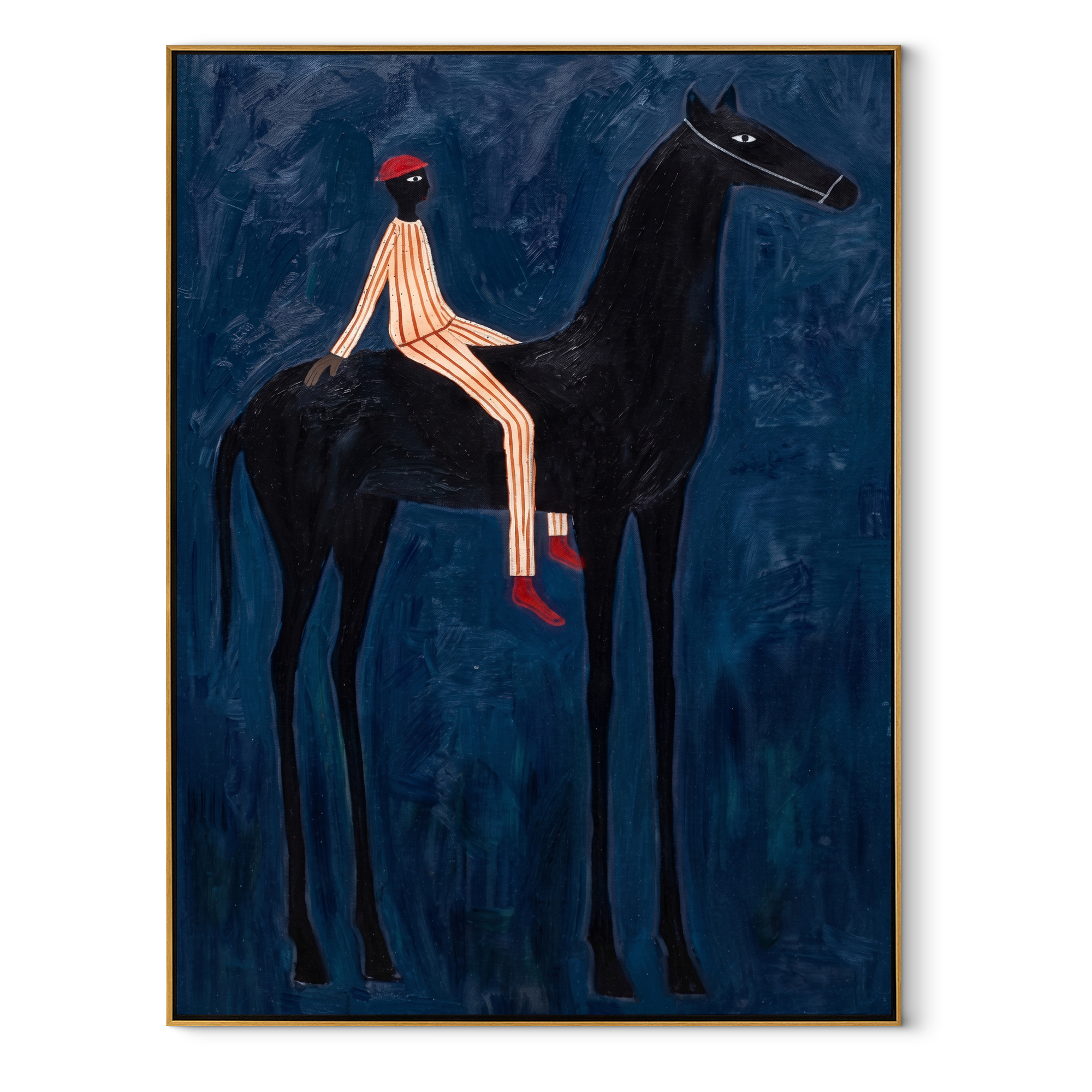 Red Hat Crosses Cobalt - black horse rider painting by Isabelle Laurent, modern Western vertical wall art – wood frame on white background